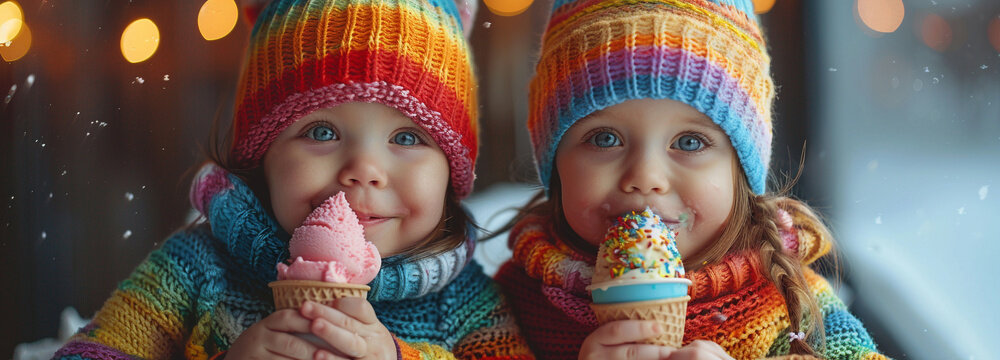  two babys with icecream. Image very colorful