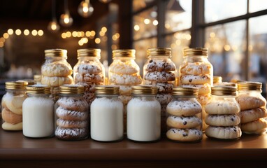 Glass jars with different delicious donuts on table in cafe, closeup