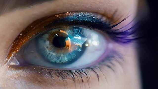 perfect blue eye macro in a sterile environment and perfect vision in resolution 4k video, concept, the vision of the future and healthy life concept. Beautiful eye with sparks. Close up