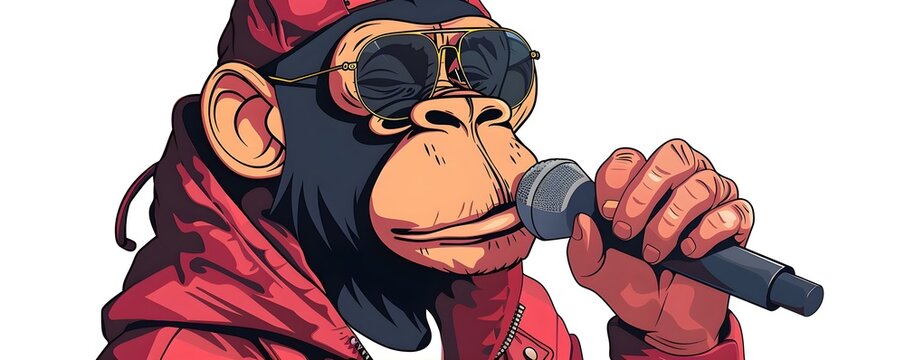 Animated hiphop monkey logo with microphone on clean white background. Concept Animated, Logo, Monkey, Hip Hop, Microphone