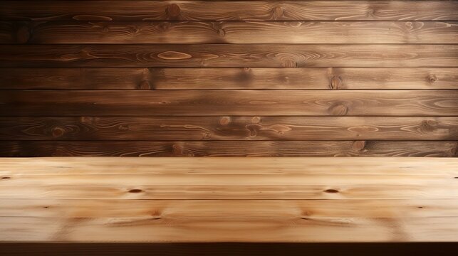 High-quality photo of an empty wooden table with a wooden wall in the background. Perfect for use as a background for product photography, mockups, and more.