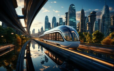 Modern high speed train on the road in Shanghai, China. 3D rendering