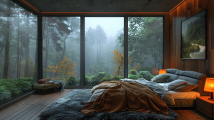 A modern, cozy bedroom featuring a large panoramic window offering a breathtaking view of a misty forest landscape.