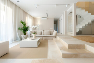 modern Scandinavian minimalist living room in white and beige colours