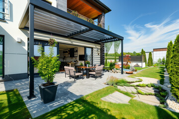 Naklejka premium terrace in the backyard of a modern house.