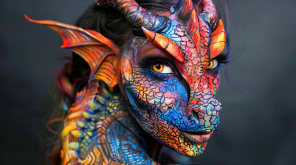 Fantasy portrait. Makeup of a mythical dragon. Professional makeup for filming - obrazy, fototapety, plakaty