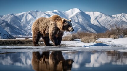 Brown Bear Standing on Ice - obrazy, fototapety, plakaty