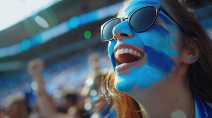 Joyful Fan Celebrating at Stadium, female sports enthusiast with blue face paint and sunglasses exuberantly cheers at a stadium event, epitomizing team spirit and excitement