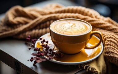 Coffee cup with warm scarf on wooden table in coffee shop