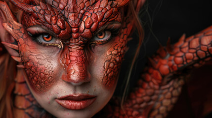 Fantasy portrait. Makeup of a mythical dragon. Professional makeup for filming