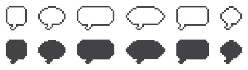 Set of empty speech bubble pixel icons. Dialogue bubbles or chat speech, different shape pixel speech bubble. 8-bit. Vector.