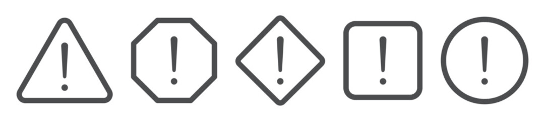 Set of exclamation mark icons. Warning signs, caution alarm symbols, danger sign collection, fatal error message. Vector illustration.