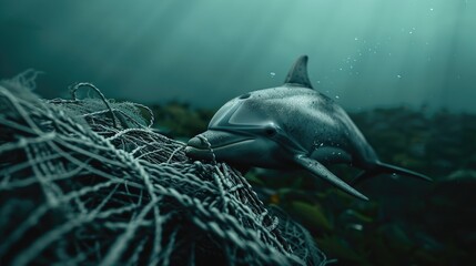 Dolphin Entangled in Marine Debris,  poignant scene of a dolphin ensnared in a fishing net,...