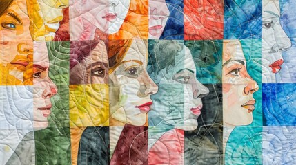 International Women Day. Equality Quilt. Patchwork Quilt of Diverse Women's Lives in Watercolor
