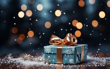 Gift box with golden bow and snowflakes on bokeh background - Powered by Adobe