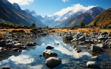 Aluminium Prints Alps Natural landscape of New Zealand alps and lake in Himalayas