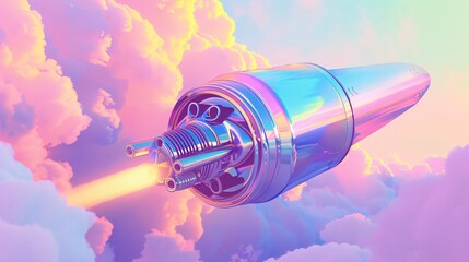 A 3D illustration of a mechanical yet playful spaceship engine amidst a colorful pastel sky ready to journey through a wormhole