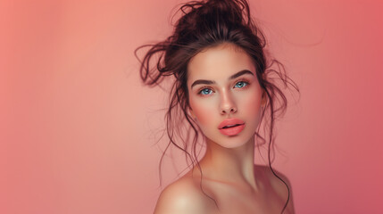 Brunette beauty with radiant skin commands attention against a soft pink backdrop, perfect for cosmetics concept