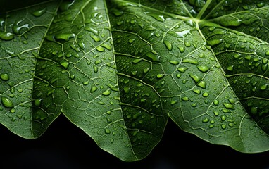Green leaf with water drops on black background, close up. Nature background
