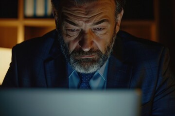 Businessman looking closely at laptop screen, mature serious man with a beard in business suit...