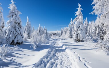 Fototapeta na wymiar Winter landscape with snow covered fir trees and path in the mountains.