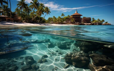 Tropical beach with palm trees and bungalows at Seychelles - obrazy, fototapety, plakaty