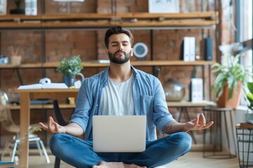 Successful hispanic man resting in office relaxing, businessman meditating in lotus position at workplace, with laptop doing yoga during break, Generative AI