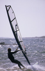 Naklejka premium Panned shot of a windsurfer sailing high speed, unrecognizable person. Alghero, Sardinia, Italy