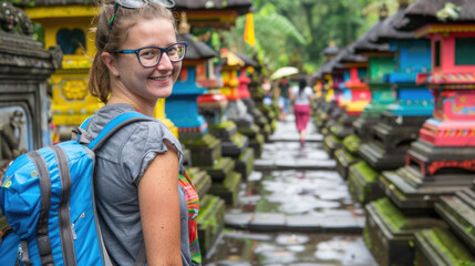 Female tourist visiting temples and shrines in Asia - obrazy, fototapety, plakaty