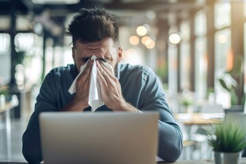 A man sneezes into a tissue at a workplace inside an office, a businessman is sick with a runny nose, works at a workplace with allergies, uses a laptop at work. Generative AI