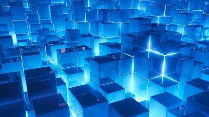 Digital cyber cube. Neon glowing cubes in motion with. Musical, gaming, technology, background with glowing 3d objects.