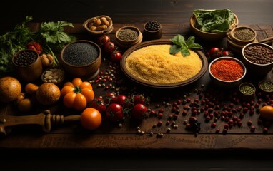 Spices and herbs on wooden background. Food and cuisine ingredients. - obrazy, fototapety, plakaty