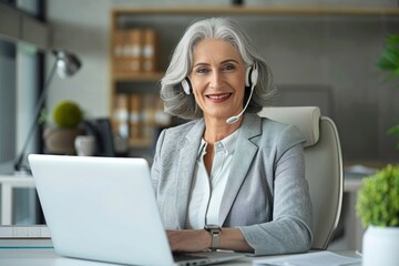 Portrait of a smiling senior gray-haired business woman sitting at a desk in the office in front of a laptop, wearing a headset and confidently looking at the camera, Generative AI