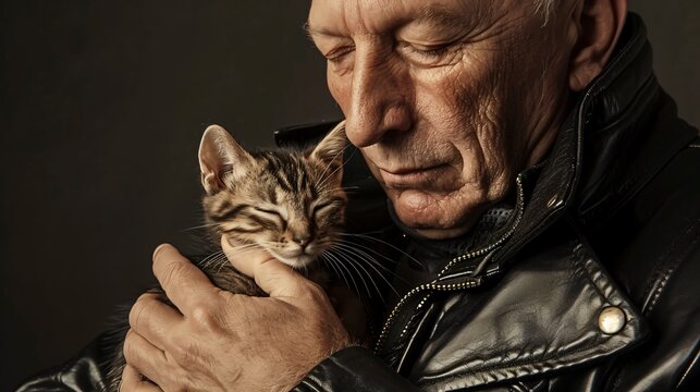 A man with a stern expression wearing a leather jacket cradling a sleeping kitten in his arms