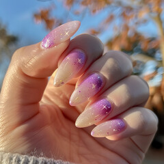 a closeup photo of a hand with cute nail art, neutrals, with a pastel pink nebula background 