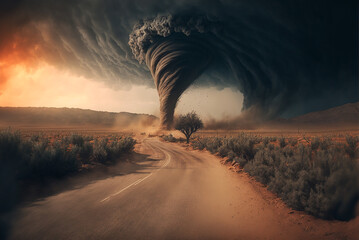 Massive apocalyptic tornado, cyclone on land with dusty road and huge clouds. 