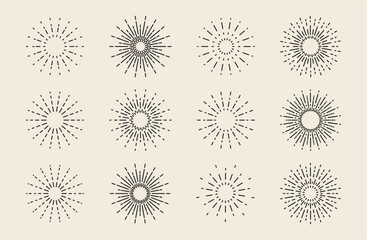 Retro Sunburst Rays, Radiant Sunset Sunrise, Sun rays thin line art, Line Art Vector Illustration