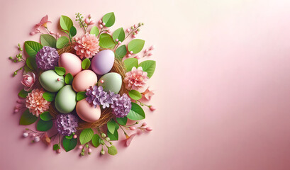 Happy Easter holiday background. Easter eggs and beautiful spring flowers. Banner. Copy spase