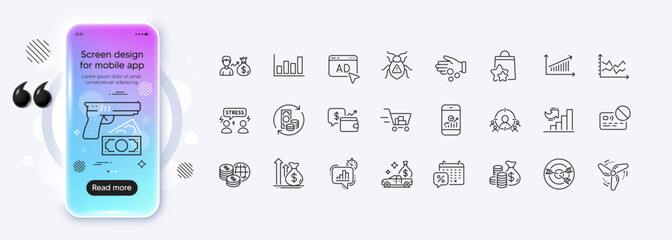 Loyalty points, Statistics timer and Software bug line icons for web app. Phone mockup gradient screen. Pack of Donation money, Difficult stress, Chart pictogram icons. Vector