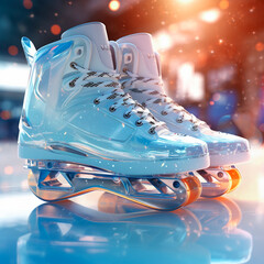 close up of ice skates on shiny background, christmas theme.