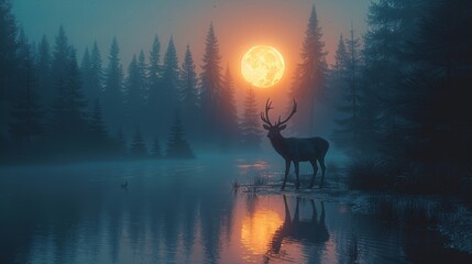 A futuristic night landscape with abstract trees. A dark natural forest scene with reflections of moonlight in the water and neon blue light. A dark neon circle background, dark trees, a deer in the