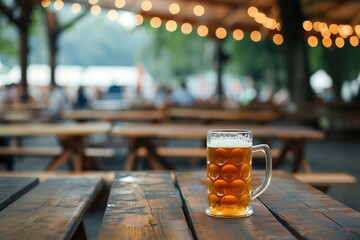 Ein Bier in einem Bierkrug auf dem Tisch in einem Biergarten  - obrazy, fototapety, plakaty