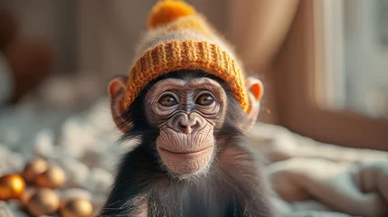 Poster Funny monkey in a warm hat sitting in a home interior © Александр Лобач