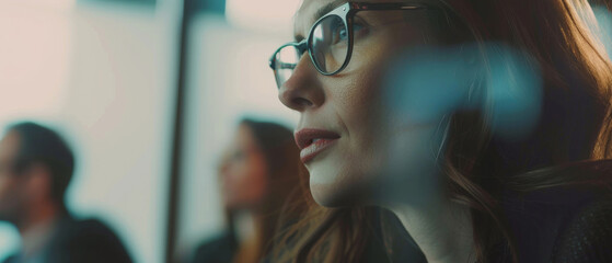 Pensive woman in glasses, lost in thought, with blurred office background.