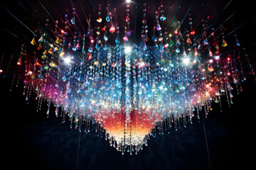 Fototapeta na wymiar Magnificent Crystal Chandelier Hanging from a Dramatically Detailed Ceiling: A Fusion of Classical Artistry and Modern Illumination