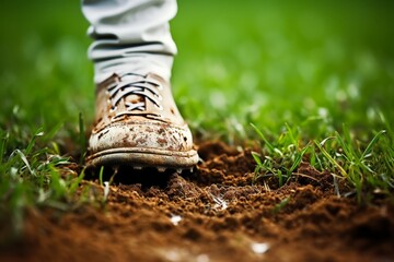 Close-up of a man walking on off-road with dirty shoes, exploring nature and adventure