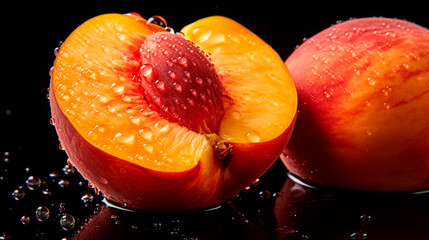 fresh peaches and peach on black table.