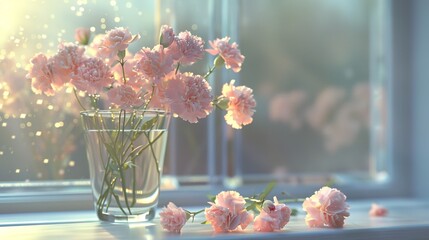 Glassvase decorated with light-colored carnations on the windowsill - obrazy, fototapety, plakaty