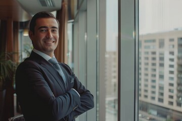 Portrait of successful businessman inside office in business suit, man with crossed arms smiling and looking at camera, experienced financier boss near window, investor, Generative AI