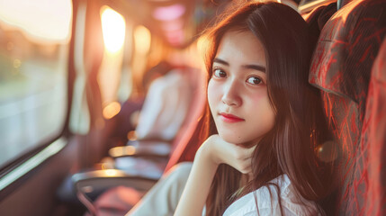Girl tourist in an Asian bus goes on a trip